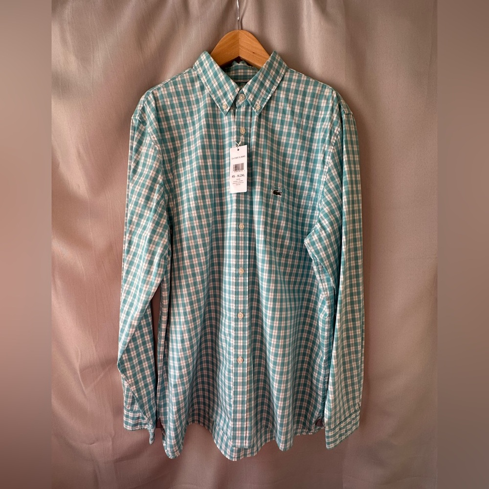 LACOSTE MEN’S SLIM FIT PLAID STRETCH POPLIN TURQUOISE LONG SLEEVE SHIRT